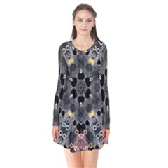 Abstract Geometric Kaleidoscope Long Sleeve V-neck Flare Dress