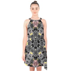 Abstract Geometric Kaleidoscope Halter Collar Waist Tie Chiffon Dress