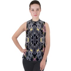 Abstract Geometric Kaleidoscope Mock Neck Chiffon Sleeveless Top