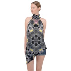 Abstract Geometric Kaleidoscope Halter Asymmetric Satin Top