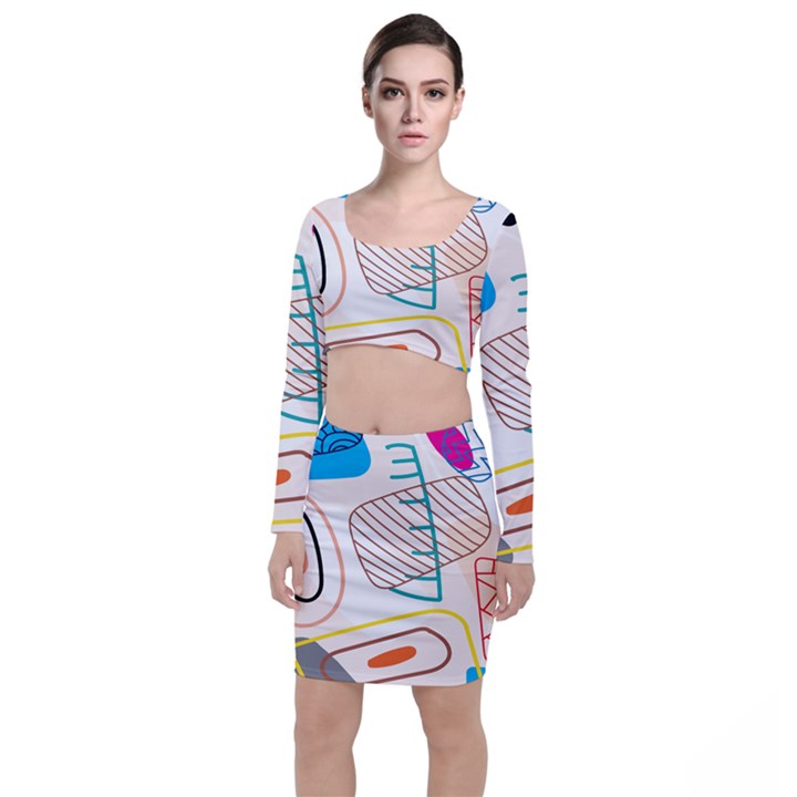 Pastel abstract pattern with beige, coffee color strap Top and Skirt Sets