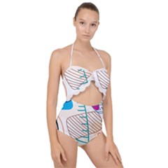 Pastel Abstract Pattern With Beige, Coffee Color Strap Scallop Top Cut Out Swimsuit by Casemiro