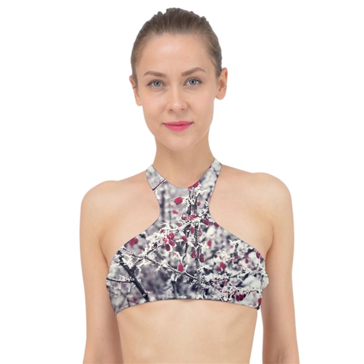 Berries in Winter, fruits in vintage style photography High Neck Bikini Top