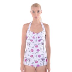 Flowers In One Line Boyleg Halter Swimsuit  by SychEva