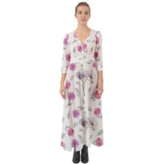 Flowers In One Line Button Up Boho Maxi Dress by SychEva