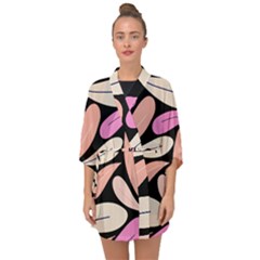 Pattern Feuilles Rose Peche Jaune Half Sleeve Chiffon Kimono