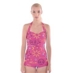 Pattern Mystic Color Boyleg Halter Swimsuit 