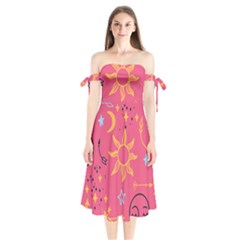 Pattern Mystic Color Shoulder Tie Bardot Midi Dress