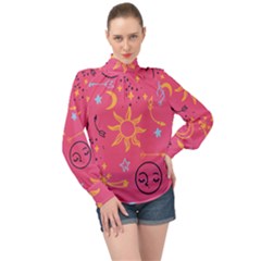 Pattern Mystic Color High Neck Long Sleeve Chiffon Top