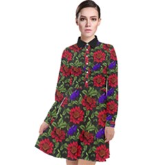 Spanish Passion Floral Pattern Long Sleeve Chiffon Shirt Dress