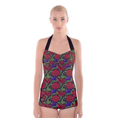 Spanish Passion Floral Pattern Boyleg Halter Swimsuit 