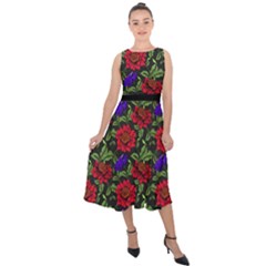 Spanish Passion Floral Pattern Midi Tie-Back Chiffon Dress