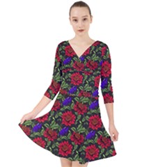 Spanish Passion Floral Pattern Quarter Sleeve Front Wrap Dress