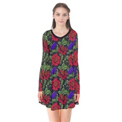 Spanish Passion Floral Pattern Long Sleeve V-neck Flare Dress