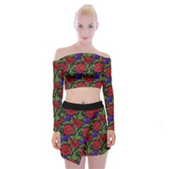 Spanish Passion Floral Pattern Off Shoulder Top with Mini Skirt Set