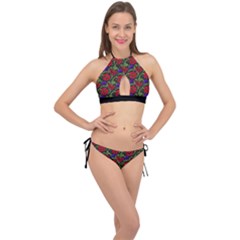 Spanish Passion Floral Pattern Cross Front Halter Bikini Set