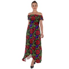 Spanish Passion Floral Pattern Off Shoulder Open Front Chiffon Dress