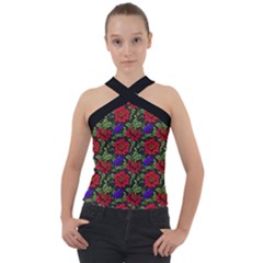 Spanish Passion Floral Pattern Cross Neck Velour Top