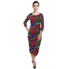 Spanish Passion Floral Pattern Quarter Sleeve Midi Velour Bodycon Dress