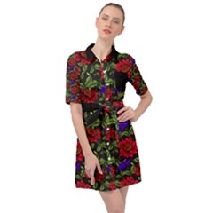 Spanish Passion Floral Pattern Belted Shirt Dress