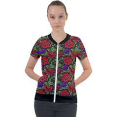 Spanish Passion Floral Pattern Short Sleeve Zip Up Jacket