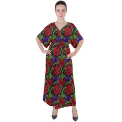 Spanish Passion Floral Pattern V-Neck Boho Style Maxi Dress