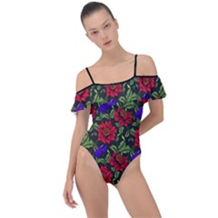 Spanish Passion Floral Pattern Frill Detail One Piece Swimsuit