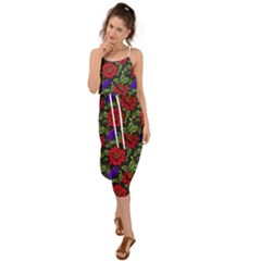 Spanish Passion Floral Pattern Waist Tie Cover Up Chiffon Dress