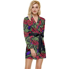 Spanish Passion Floral Pattern Long Sleeve Satin Robe