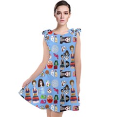 Drawing Collage Blue Tie Up Tunic Dress by snowwhitegirl