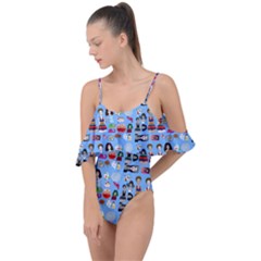 Drawing Collage Blue Drape Piece Swimsuit