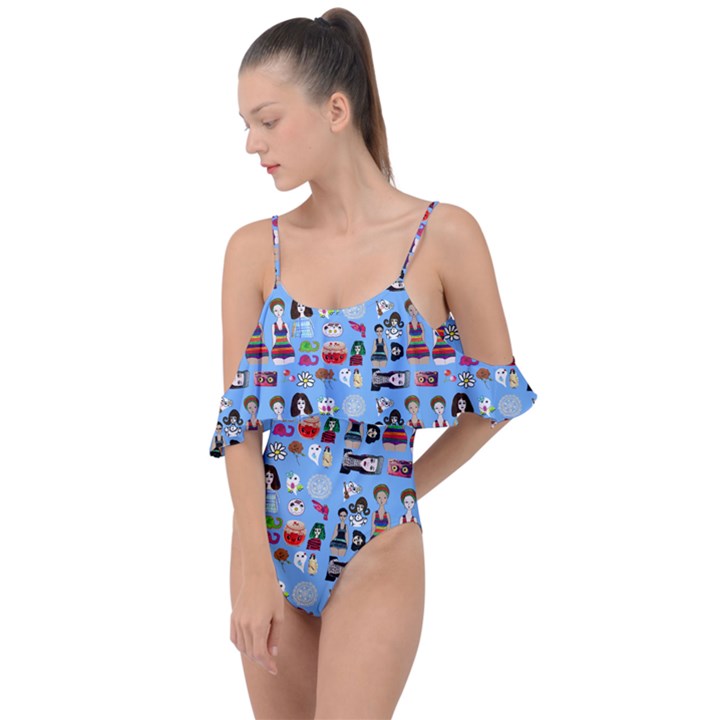 Drawing Collage Blue Drape Piece Swimsuit