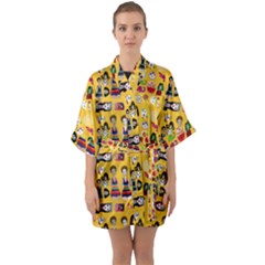 Drawing Collage Yellow Half Sleeve Satin Kimono 