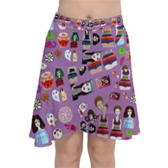 Drawing Collage Purple Chiffon Wrap Front Skirt