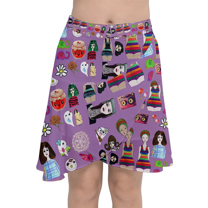 Drawing Collage Purple Chiffon Wrap Front Skirt