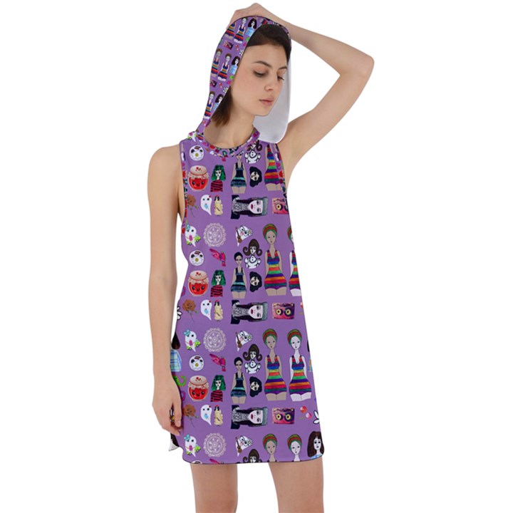 Drawing Collage Purple Racer Back Hoodie Dress