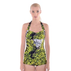 Acid Green Patterns Boyleg Halter Swimsuit  by kaleidomarblingart