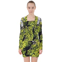 Acid Green Patterns V-neck Bodycon Long Sleeve Dress by kaleidomarblingart