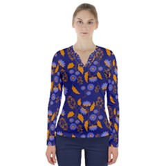 Folk Floral Art Pattern  Flowers Abstract Surface Design  Seamless Pattern V-neck Long Sleeve Top by Eskimos