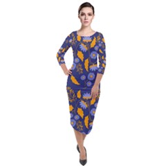 Folk Floral Art Pattern  Flowers Abstract Surface Design  Seamless Pattern Quarter Sleeve Midi Velour Bodycon Dress