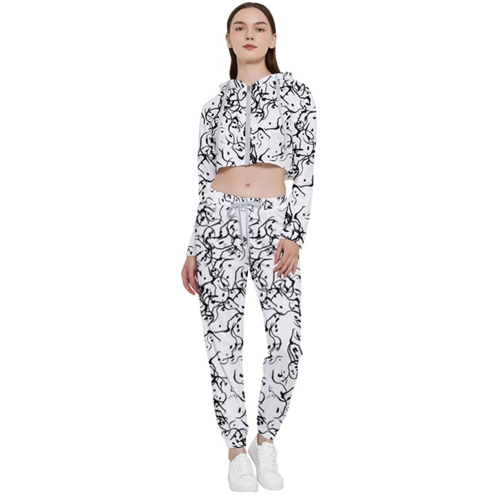 black and white Cropped Zip Up Lounge Set