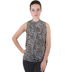 Modern Floral Collage Pattern Design Mock Neck Chiffon Sleeveless Top