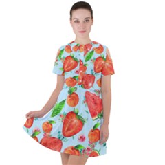 Juicy Blue Print With Watermelons, Strawberries And Peaches Short Sleeve Shoulder Cut Out Dress  by TanitaSiberia