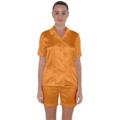 Deep Saffron Orange Satin Short Sleeve Pajamas Set by FabChoice