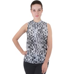 White And Black Modern Abstract Design Mock Neck Chiffon Sleeveless Top