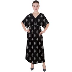 Funny Ghost Sketchy Drawing Pattern V-neck Boho Style Maxi Dress by dflcprintsclothing