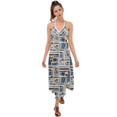 Ethnic Geometric Abstract Textured Art Halter Tie Back Dress  by dflcprintsclothing