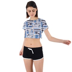 Ethnic Geometric Abstract Textured Art Tie Back Short Sleeve Crop Tee by dflcprintsclothing