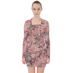 Botanic Grunge Motif Artwork V-neck Bodycon Long Sleeve Dress by dflcprintsclothing