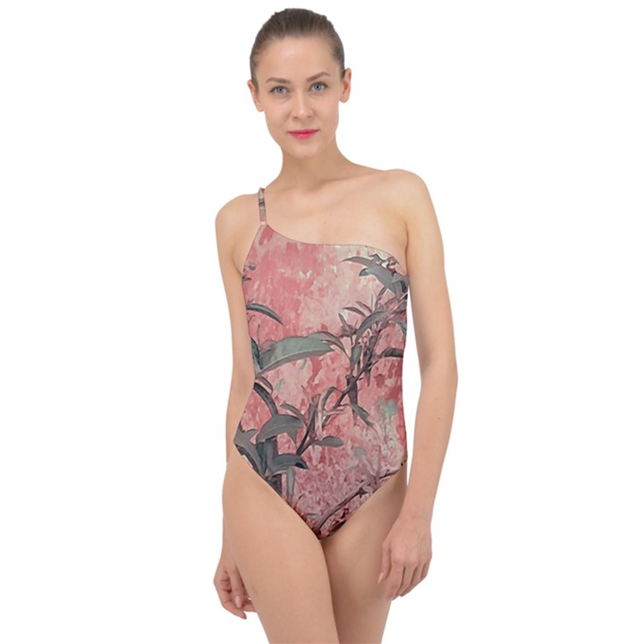 Botanic Grunge Motif Artwork Classic One Shoulder Swimsuit